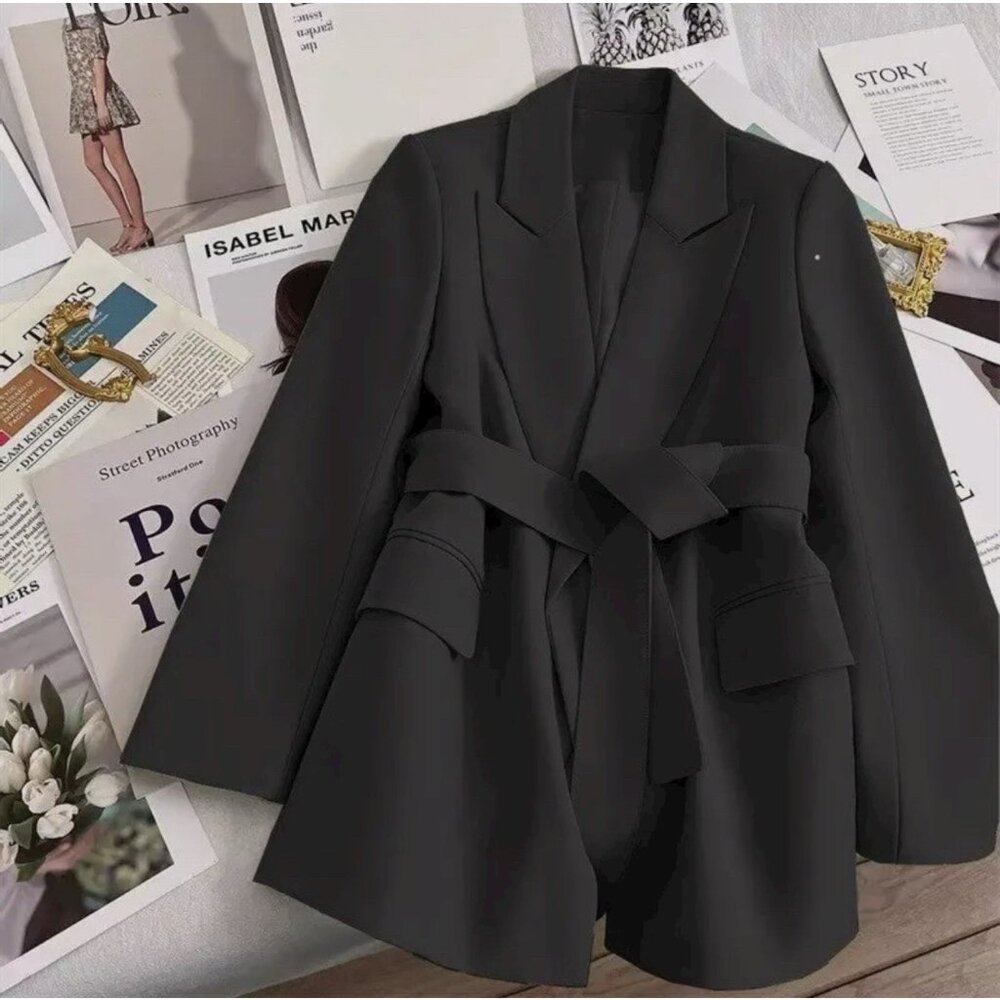 Women Elegant Suit Blazer Jackets Black Waist Ribbon Tie Up Size M Front Pockets